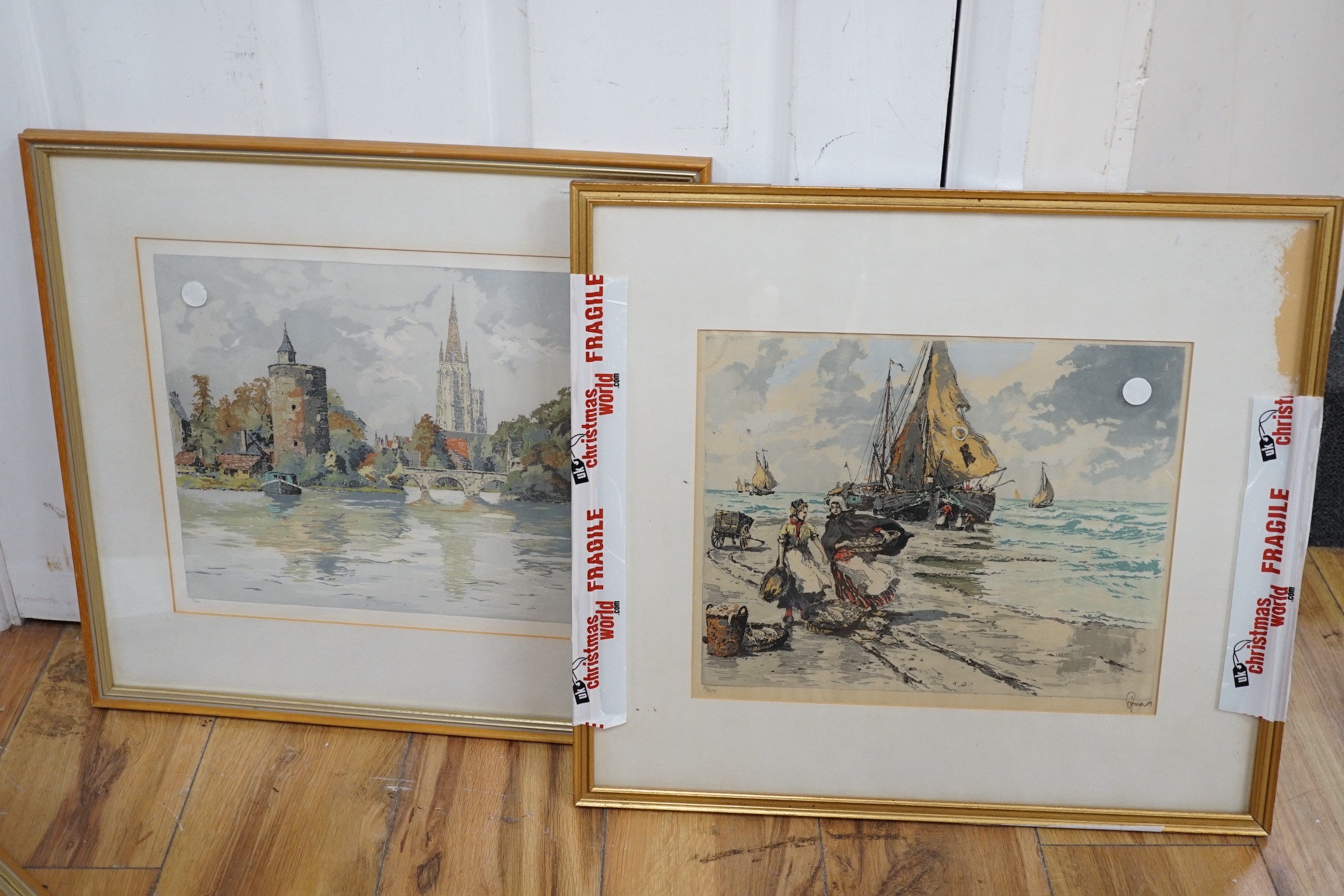 Hans Figura (Austrian, 1898-1978), four coloured etchings, Views of Venice and a long the Dutch coast, signed in pencil, largest 33 x 37cm